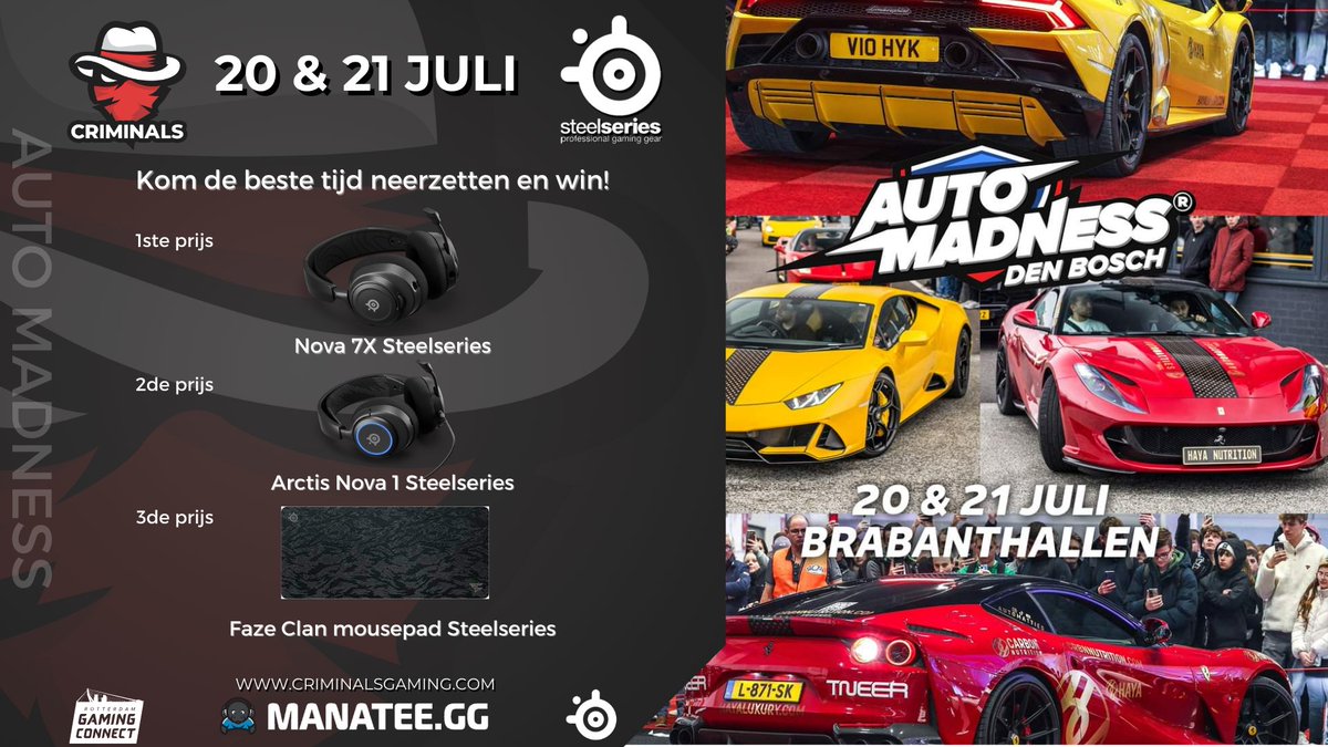 CriminalsORG's tweet photo. Samen met onze partner Steelseries mogen wij aankomend weekend fantastische prijzen weggeven!
Kom naar onze stand in de Brabanthallen en zet de snelste tijd neer! De top 3 valt in de prijzen!
#esports #partner #simracing #automadness https://t.co/NpqAJe6uXq
