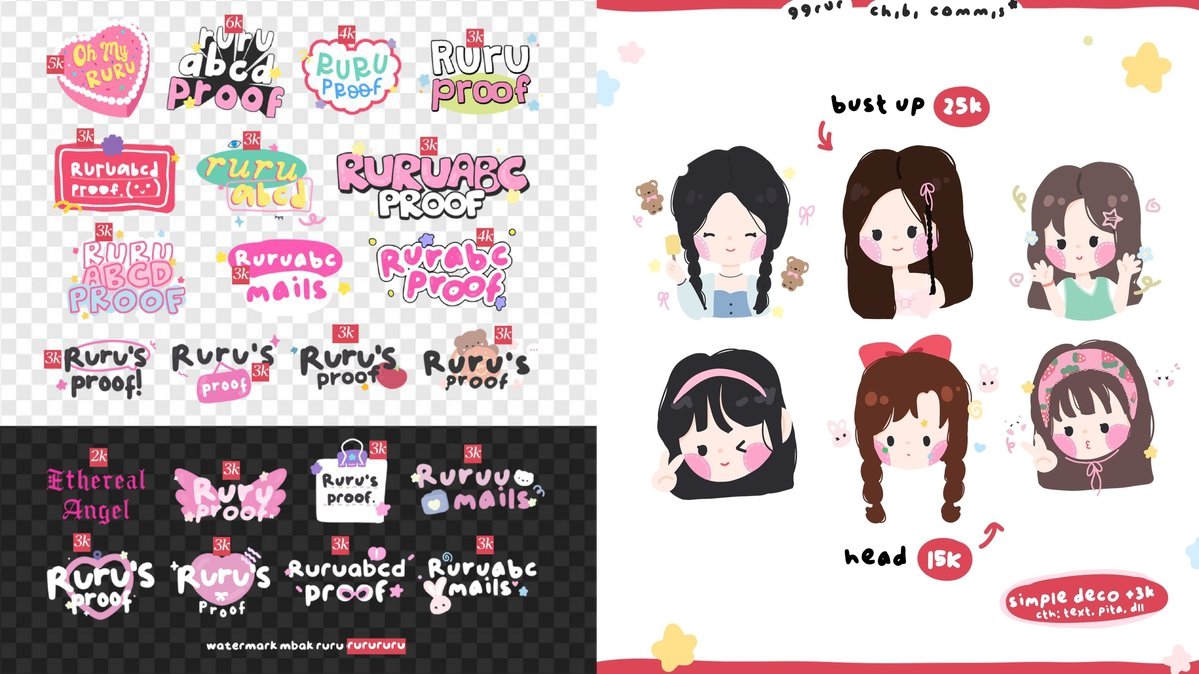 help rt/repost, thanks! 🩷

commis watermark { start 2k } bisa ganti warna!

★. avail edit qr deco, commis chibi, custom design lain! cek tweet dibawah ini <3

#zonauang wts commission chibi proof mails sbt poca testi logo