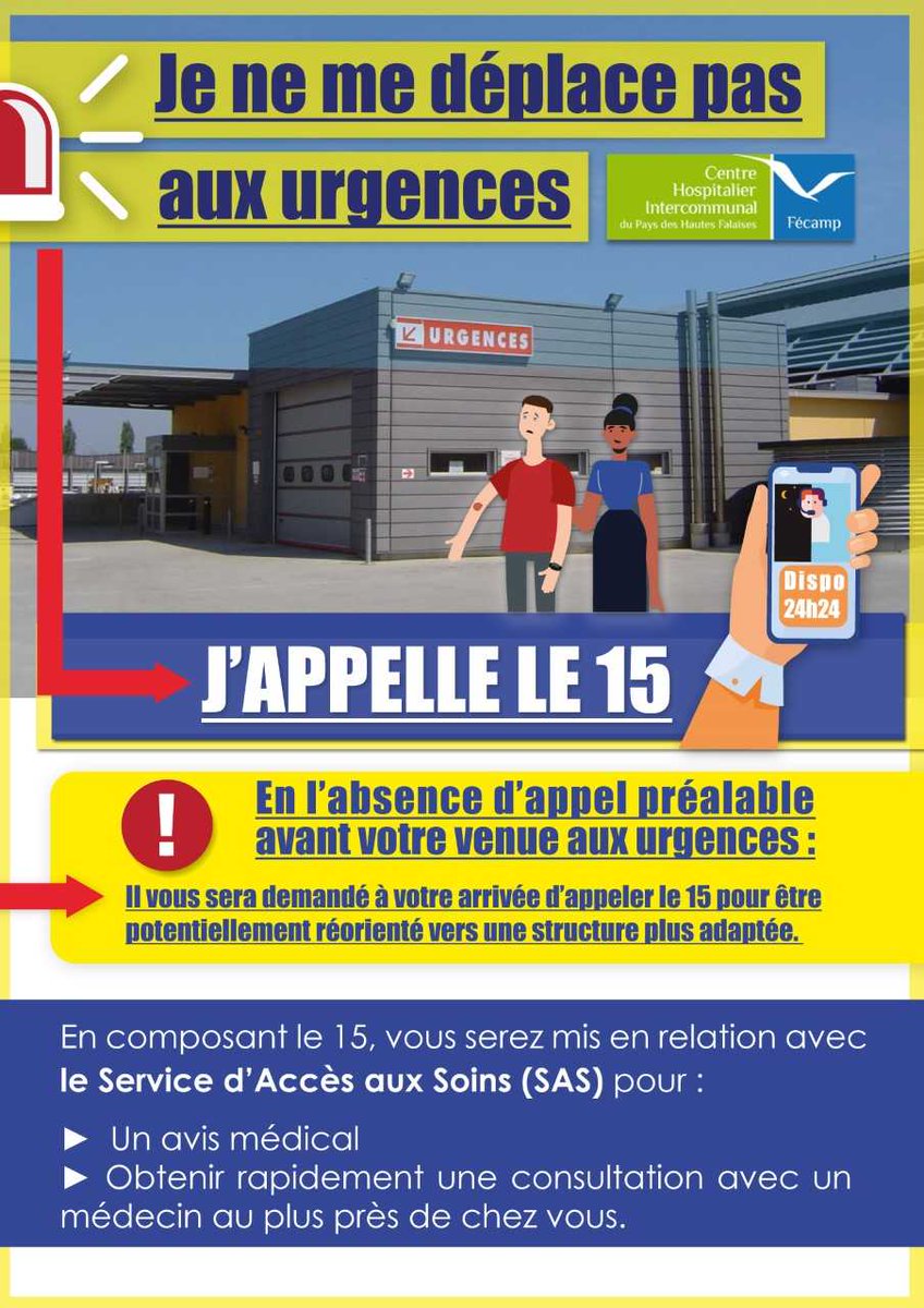 📢 Aux urgences du Centre Hospitalier de Fécamp : Ne vous déplacez pas : Appelez d’abord le 15 📞.
