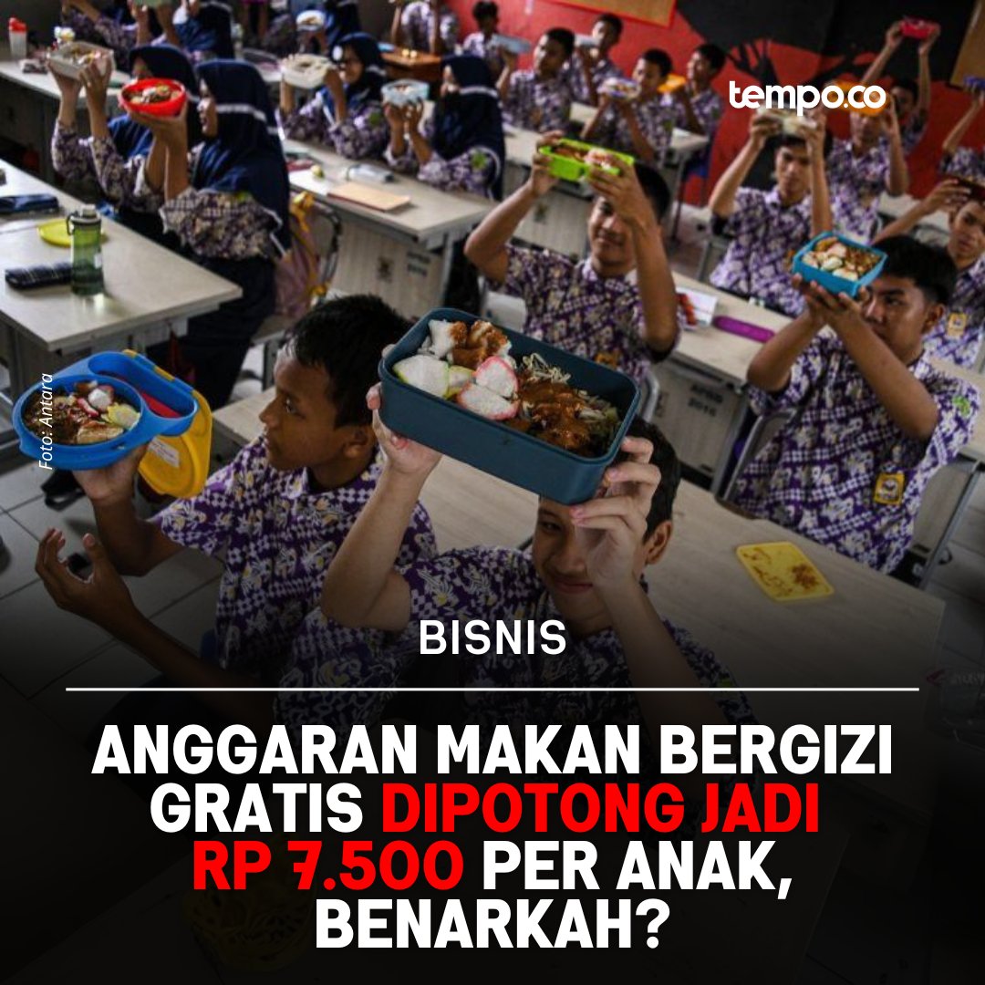 Silahkan makan siang bergizinya kak🍱

Tahukah Anda? Karena Prabowo ingin programnya menyentuh sebanyak mungkin anak, ia dikabarkan ingin mengurangi biaya per porsi makanan menjadi Rp. 7.500.

Kalau di daerah kalian dapat menu apa aja nih?💁‍♀️

#TempoThread