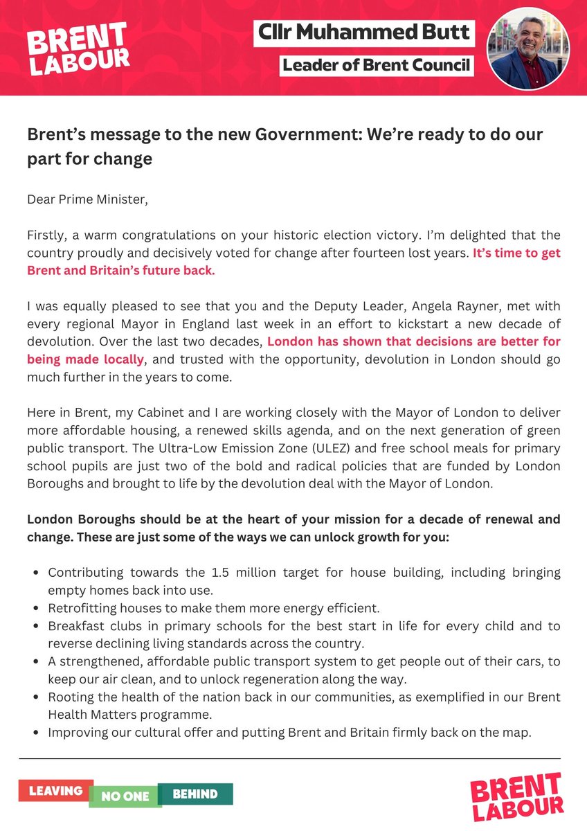 BrentLabour's tweet photo. 🌹 Our sleeves are rolled up and we're ready to rebuild alongside this new mission-driven government.

✍️ Here's our letter to Keir Starmer on doing our bit for change in Brent: https://t.co/bmZohTTNC7