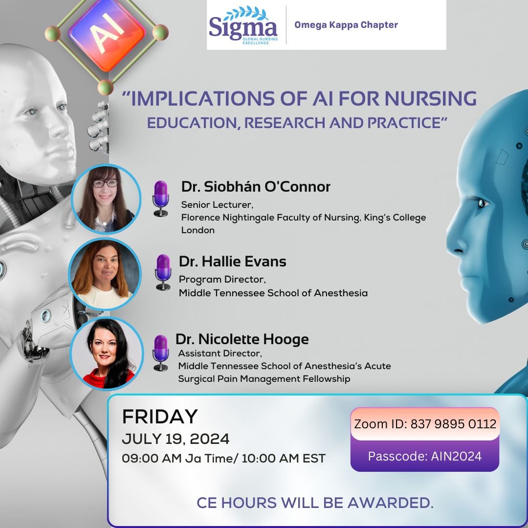 OmegaKappaChap's tweet photo. Please join us tomorrow for our 5th Annual Nursing Webinar
Topic: Implications of AI for Nursing Education, Research &amp; Practice
CE hours will be awarded, click the registration link that will be in the chat to complete your registration.
@LaCsigmanursing
#NursingExcellence https://t.co/dac8O7jByA