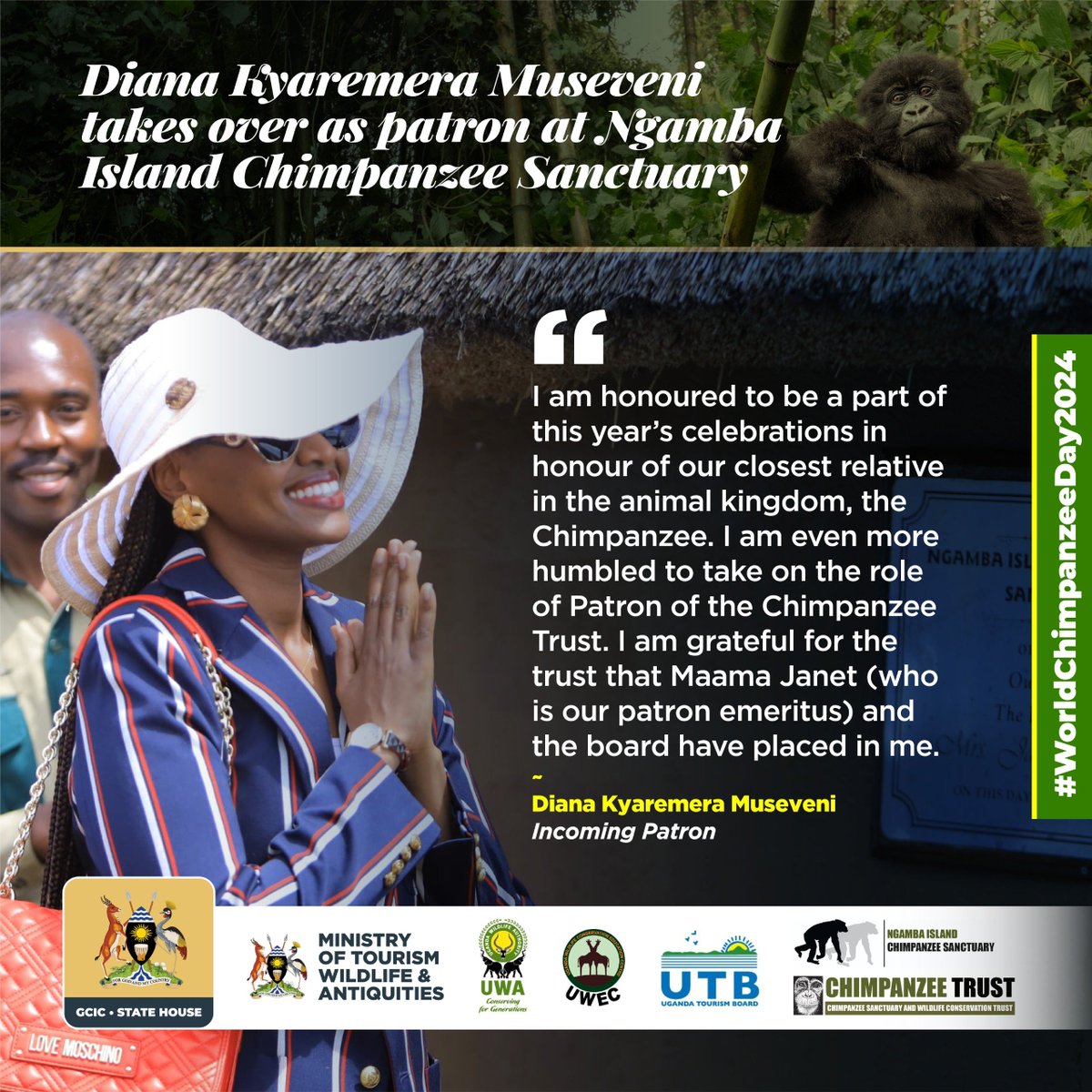 DestinationUG1's tweet photo. Ms Diana Kyaremera took over as the patron of Chimpanzee Sanctuary and Wildlife Conservation Trust. The #ChimpanzeeTrust is responsible for all aspects @ngambaisland @MTWAUganda @ugwildlife @UWEC_EntebbeZoo 
#WorldChimpanzeeDay2024 
#ExploreUganda https://t.co/BUf1pvfJ5w