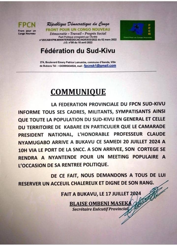 sud_kivu's tweet photo. #EVENEMENT:
Rentrée politique de Hon @ClaudeNyamugabo, Président National #FPCN.
Ce parti membre de @RDC_UNIONSACREE sensibilise cadres, membres et sympatisants à la reprise des grands show pô du Mwana w'Eka.
#Bienvenu!
@fatshi13 @VitalKamehre1 @AugustinKabuyaT @KatintimaN 👇 https://t.co/Q8UutzD2ut