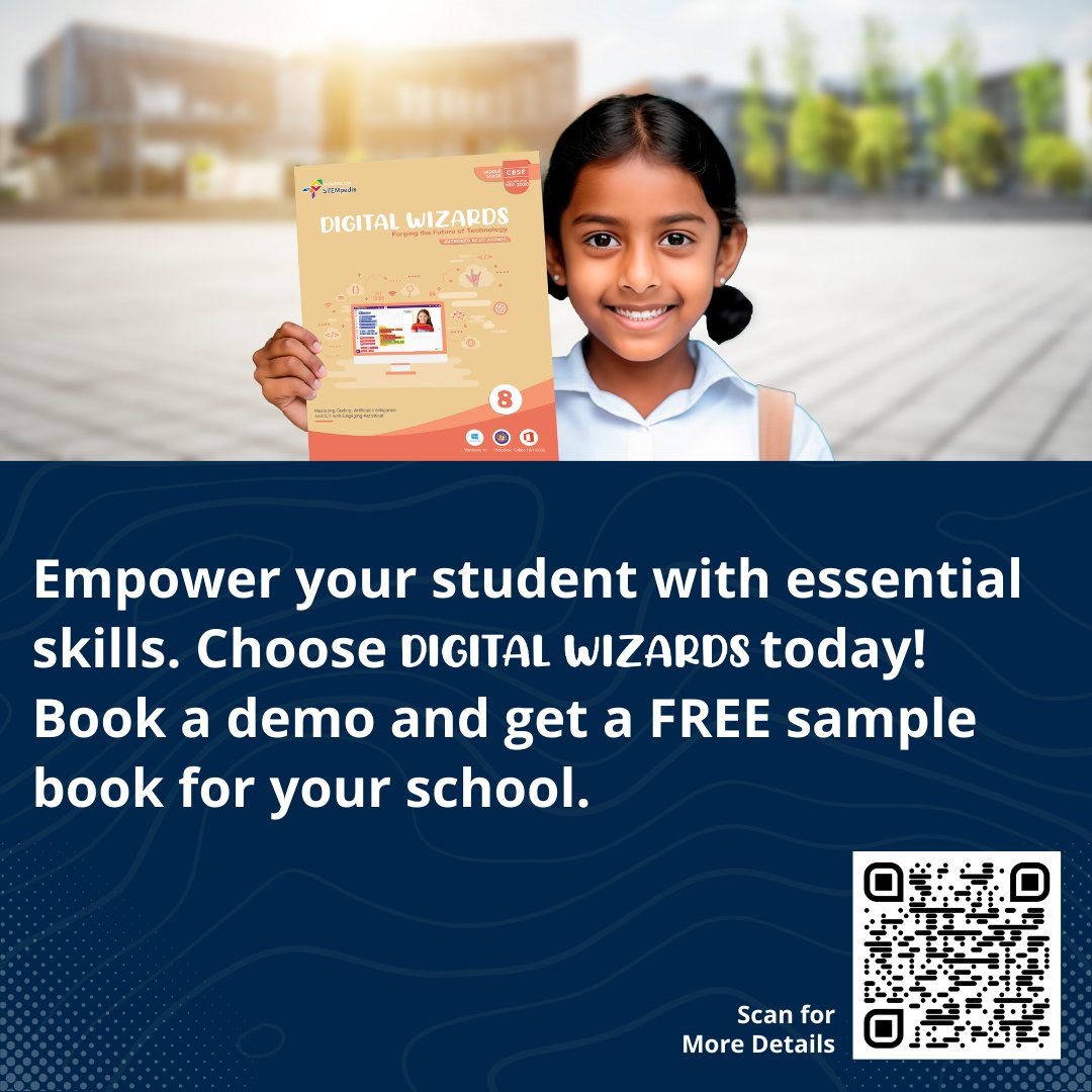 STEMpedia (@thestempedia) on Twitter photo Unlock the Future of Learning with Digital Wizards – the ultimate guide to Coding and AI for CBSE Schools (Classes 1 to 8).📚✨
Check out below to know more about the series and reach out to us at:-
📞 +916358866978
📩 contact@thestempedia.com
#DigitalWizards #CBSE #STEM Unlock the Future of Learning with Digital Wizards – the ultimate guide to Coding and AI for CBSE Schools (Classes 1 to 8).📚✨
Check out below to know more about the series and reach out to us at:-
📞 +916358866978
📩 contact@thestempedia.com
#DigitalWizards #CBSE #STEM