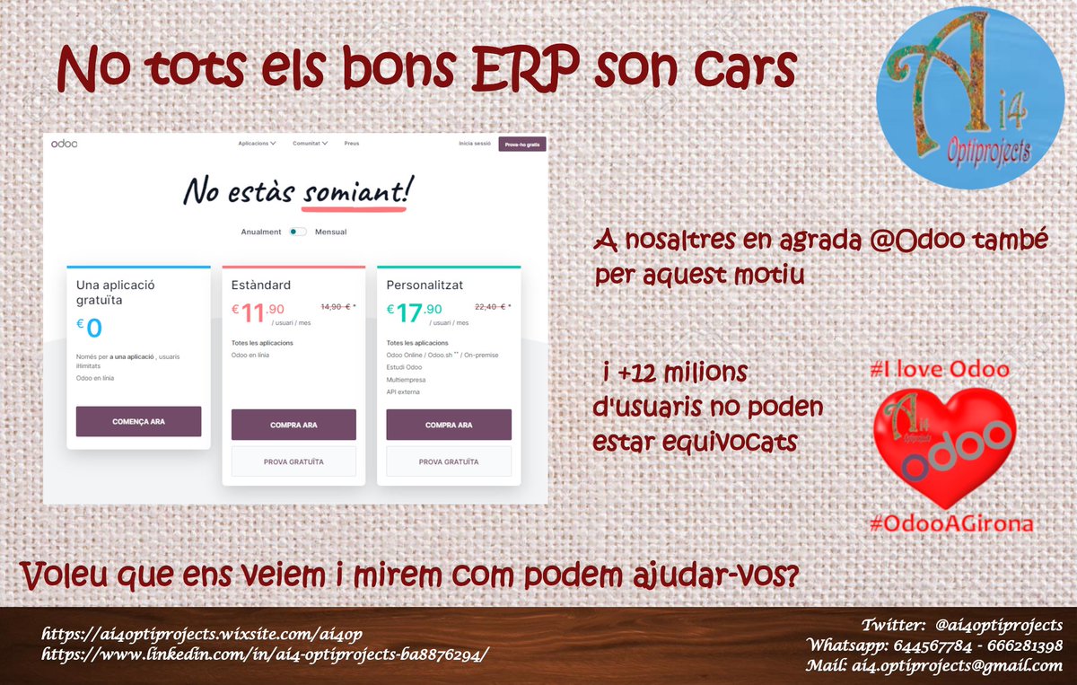 Ai4Serveis's tweet photo. Software de #CodiObert (Gratuït majoritàriament) que ens permet adaptar els nostres procediments i costums de treball de manera més optima i econòmica...
Per això, perquè volem que treguis el màxim rendiment possible del teu sistema informàtic nosaltres treballem #OdooAGirona https://t.co/SHidHnIy0h