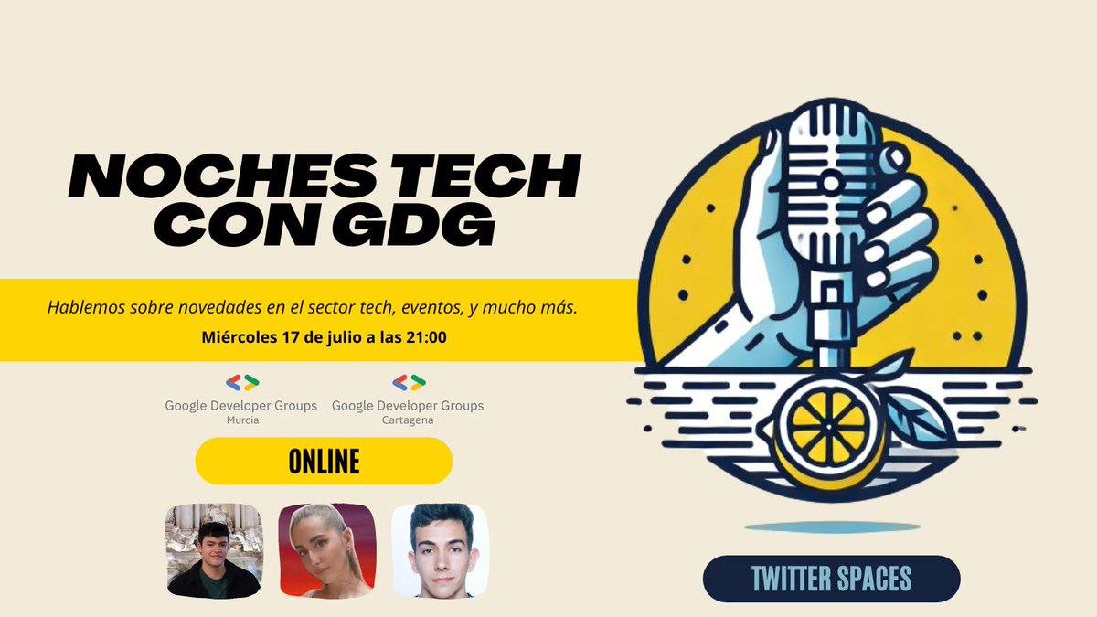 Hoy toca Noches Tech con GDG y os traemos salseos, que eventos hay, si quedan call for papers abiertos, novedades tech y mucho más 🎊

Estaremos aquí en Twitter (X) Spaces hoy a las 21:00 🤗

x.com/i/spaces/1YqKD…