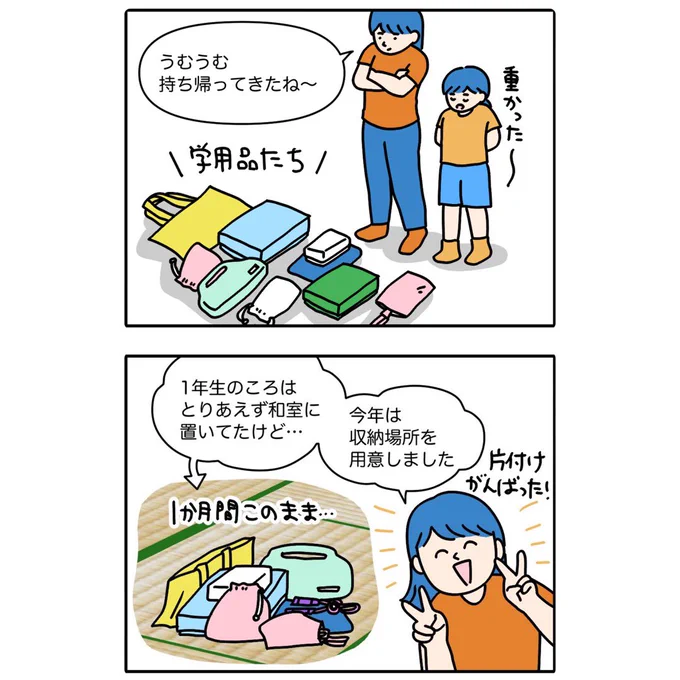夏休み前に持ち帰ってきた学用品、
部屋の片隅にまとめて置いてても全然OKではある!!が、置き場所を決めたら「私ってば、ちゃんとしてて偉い〜!」と思えて良かった

過去の連載記事より。よかったらテキスト込みのフルバージョンもどうぞ〜
https://t.co/7GmpkSvMR3 