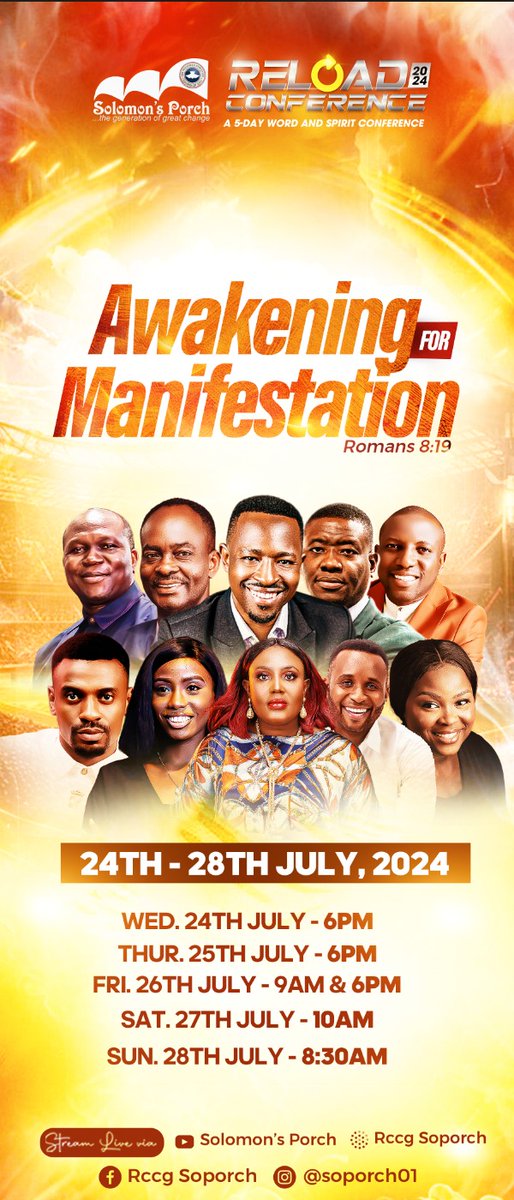 Martinsolusakin's tweet photo. Awake, you who sleeps, Arise from the dead and Christ shall give thee light
Reload Conference is here!
Awakening for Manifestation 
Encounter Jesus with our amazing speakers and worship leaders 
@realbisiakande @lekeadeboye @PstAbioyeLaolu @ministerafam @elwoma @OdunayoAdebayoo https://t.co/OS1j51RE8U
