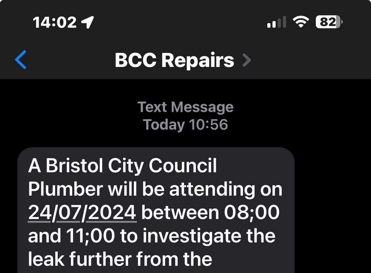 Cryghton's tweet photo. I am so, so grateful that after 6 wks a plumber appt has been made……………
for the insignificant, not very urgent water leak.

It swells the cockles of my heart to know that our City Council is really on the ball. 
Only a week to go. Phew. 🙌 https://t.co/ZWRzM443tL
