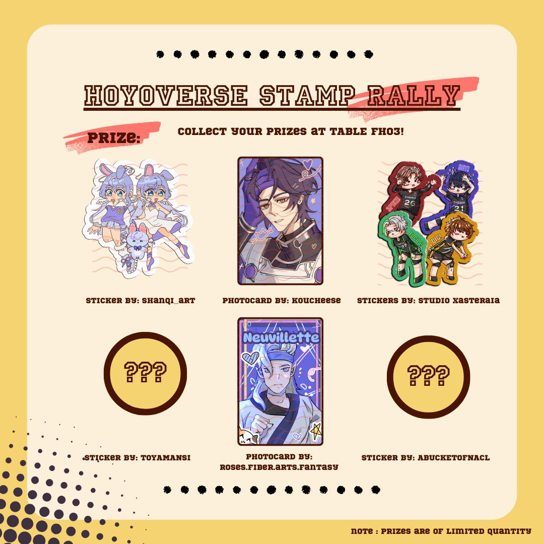 char🌠 doujima D-09 (@shanqi_art) on Twitter photo Sign up for our Academia Hoyoverse Stamp Rally this weekend at ACX 2024 to get exclusive prizes from our artists!🫶🥹
Our Club Presidents🥳
✨<a href="/shanqi_art/">char🌠 acx, hoyofest, afa csf</a>
✨<a href="/koucheese/">cheese @ blushcon d1-d2</a>
✨<a href="/studioxasteraia/">xasteraia 💙 ACX FL04</a>
✨<a href="/abucketofnacl/">NaCL</a>
✨<a href="/toyamansi/">toyamansi 🐣🎡</a>
✨@RosesFiberArts
#ACX2024🫣 Sign up for our Academia Hoyoverse Stamp Rally this weekend at ACX 2024 to get exclusive prizes from our artists!🫶🥹
Our Club Presidents🥳
✨<a href="/shanqi_art/">char🌠 acx, hoyofest, afa csf</a>
✨<a href="/koucheese/">cheese @ blushcon d1-d2</a>
✨<a href="/studioxasteraia/">xasteraia 💙 ACX FL04</a>
✨<a href="/abucketofnacl/">NaCL</a>
✨<a href="/toyamansi/">toyamansi 🐣🎡</a>
✨@RosesFiberArts
#ACX2024🫣