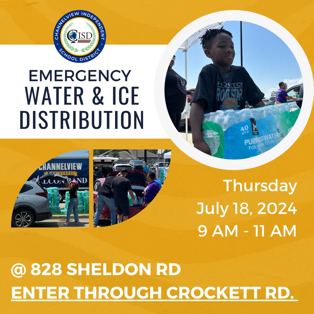 ChannelviewISD's tweet photo. 🚙📣🧊Emergency Water &amp; Ice Distribution Tomorrow, July 18, 9 AM - 11 AM💧🚗⚠️ https://t.co/V4l3YRkwjL