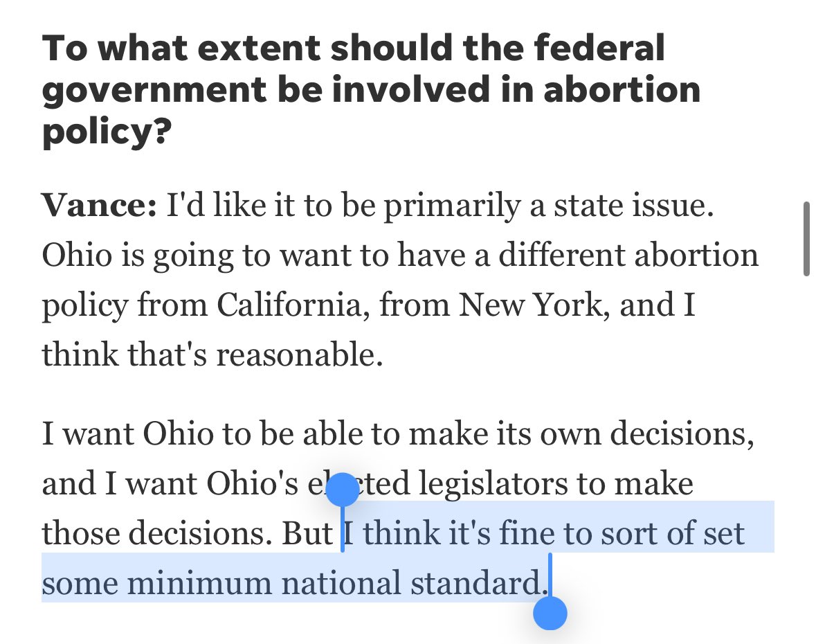 The NYT falsely reported that JD Vance opposes a national abortion ban, citing an interview where he says in so many words that he favors one. nytimes.com/2024/07/15/us/…