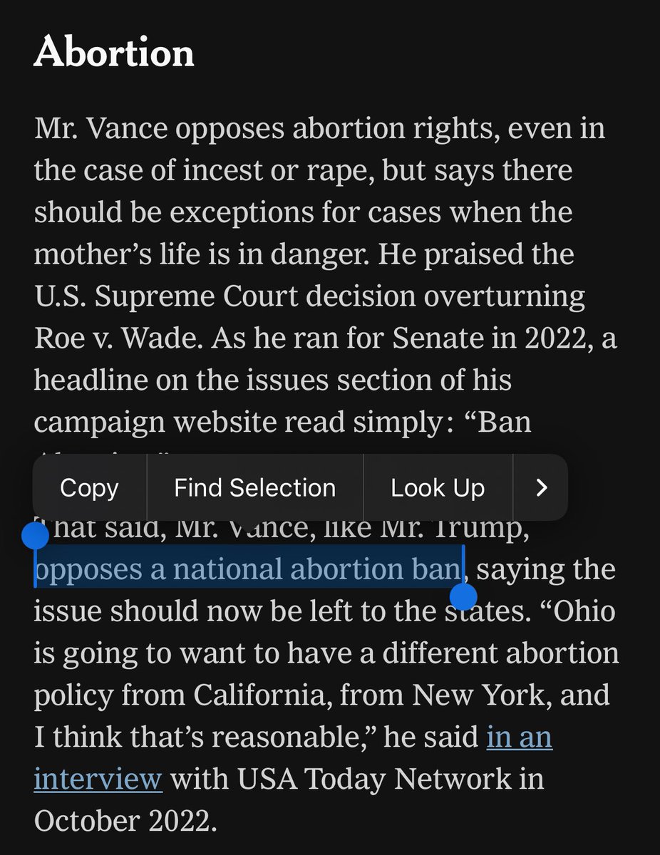 nycsouthpaw's tweet photo. The NYT falsely reported that JD Vance opposes a national abortion ban, citing an interview where he says in so many words that he favors one. https://t.co/hCUbeBBGEF https://t.co/VCJDy0PV6D