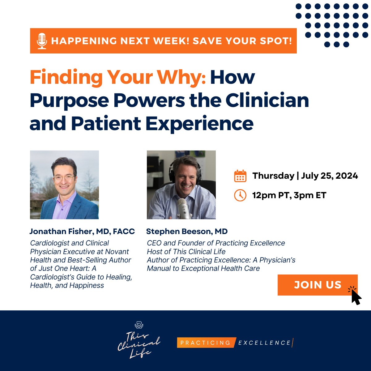 Practicing Excellence (@prac_excellence) on Twitter photo 🚨New This Clinical Life LIVE next week with <a href="/happyheartmd/">Jonathan Fisher MD FACC</a>!🚨
In this episode, we’ll cover:
🩺 The connection between purpose, well-being, & care delivery
🩺 Actionable strategies you can use to cultivate a purpose-driven clinical life
Register now: lnkd.in/esbVTprm 🚨New This Clinical Life LIVE next week with <a href="/happyheartmd/">Jonathan Fisher MD FACC</a>!🚨
In this episode, we’ll cover:
🩺 The connection between purpose, well-being, & care delivery
🩺 Actionable strategies you can use to cultivate a purpose-driven clinical life
Register now: lnkd.in/esbVTprm