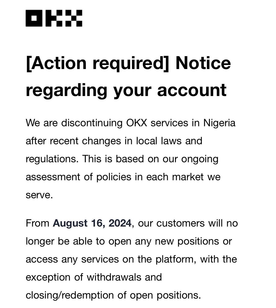 OKX message sent to email concerning exit from Nigeria