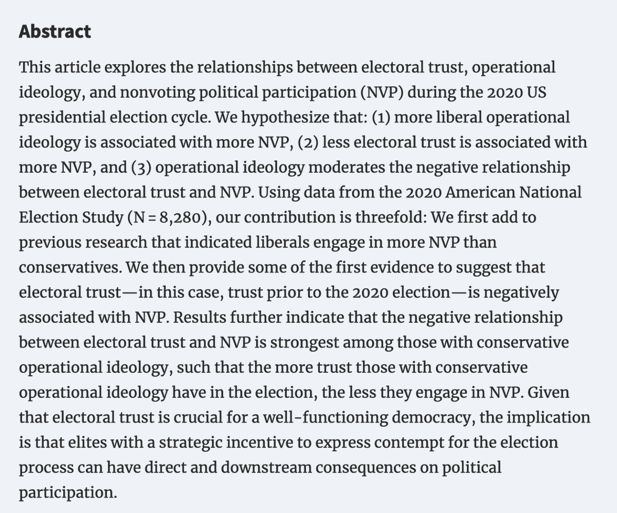 Our (w/ <a href="/itserinfitz/">Erin Fitz</a>) latest work at Public Opinion Quarterly <a href="/AAPOR/">aapor</a>) is out for your coffee read!

"Distrusting the Process: Electoral Trust, Operational Ideology, and Nonvoting Political Participation in the 2020 American Electorate"

doi.org/10.1093/poq/nf…

The abstract: