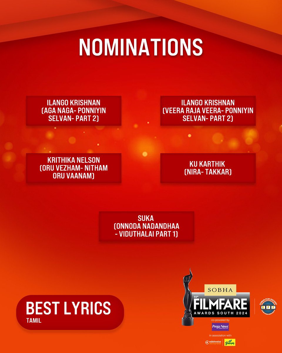 filmfare's tweet photo. Here are the nominations for the Best Lyrics category at the 69th SOBHA Filmfare Awards South 2024 With Kamar Film Factory.

#69thSobhaFilmfareAwardsSouth2024 https://t.co/TtVcjijw1z