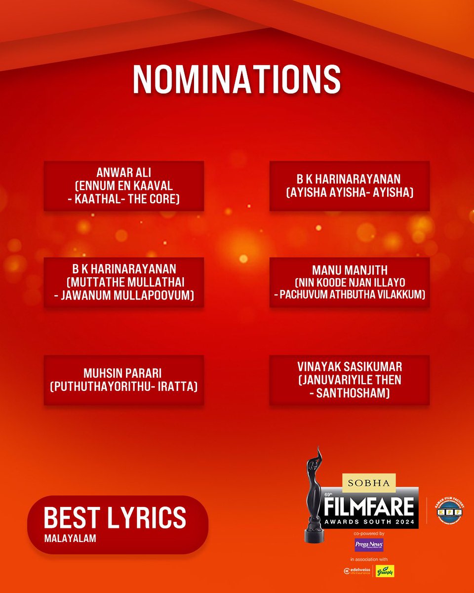 filmfare's tweet photo. Here are the nominations for the Best Lyrics category at the 69th SOBHA Filmfare Awards South 2024 With Kamar Film Factory.

#69thSobhaFilmfareAwardsSouth2024 https://t.co/TtVcjijw1z