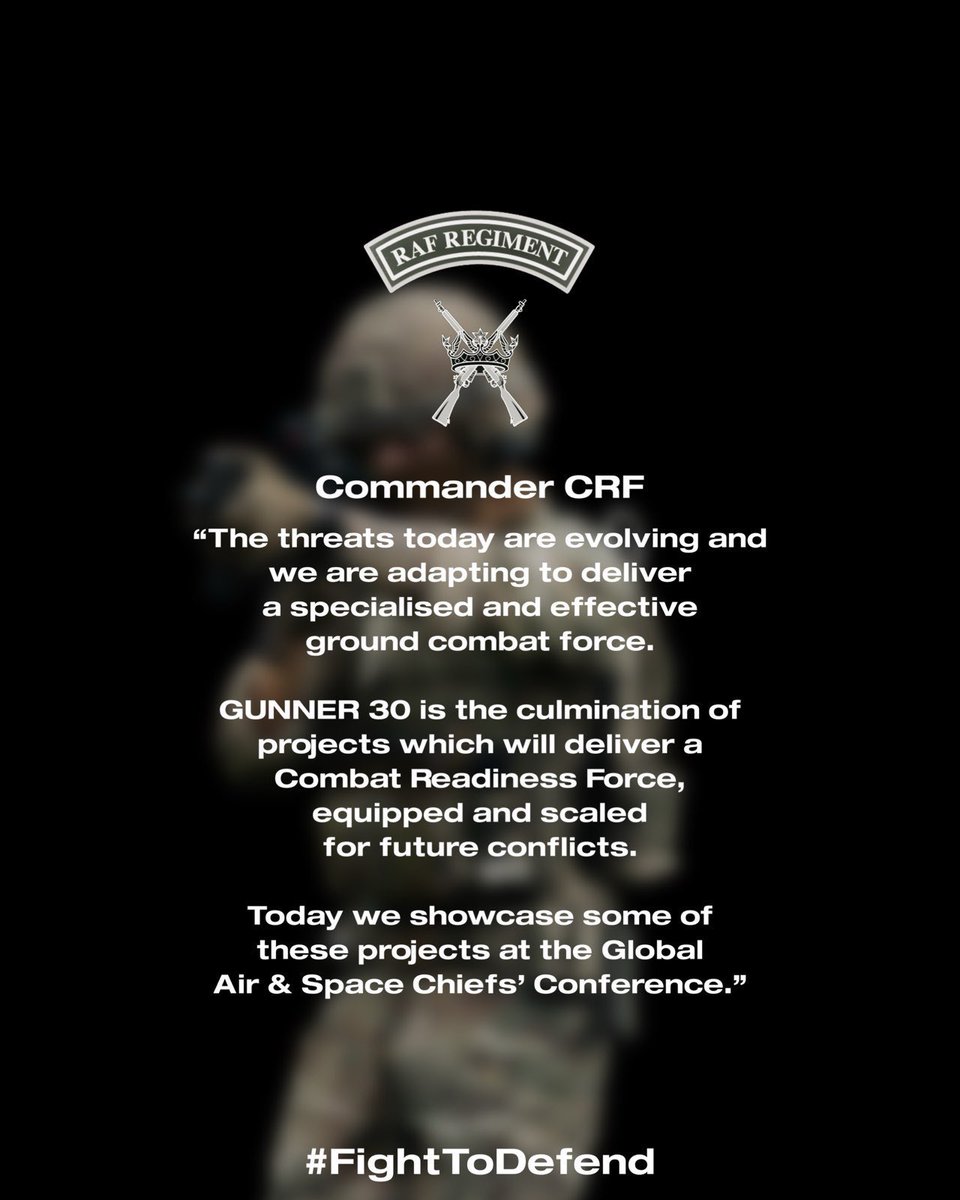 Commander_CRF's tweet photo. The threats today are evolving and we are adapting to deliver a specialised and effective ground combat force

GUNNER 30 is the culmination of projects which will deliver a Combat Readiness Force, equipped and scaled for future conflicts

#Fighttodefend #GlobalAirSpaceChiefs https://t.co/FUUt3B4Jal