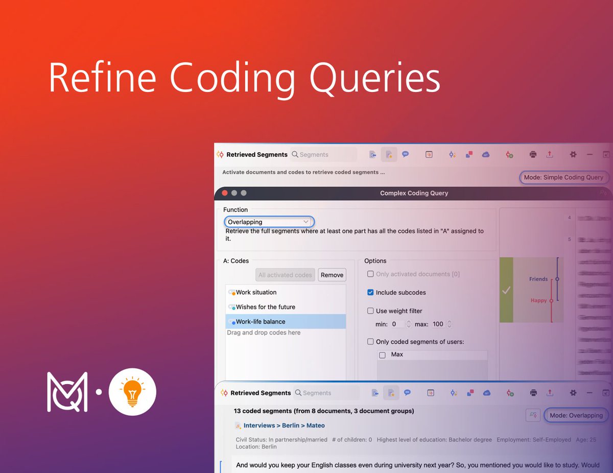 VerbiSoftware's tweet image. โจ Tip of the week
Dig into complex queries with MAXQDAโs advanced search modes from within the Retrieved Segments window! Look for code intersections, overlap, proximity, and more! ๐ ๏ธ
Learn more: ow.ly/Pzbn50RGTcB
#PrecisionCoding #QueryMagic #maxqda