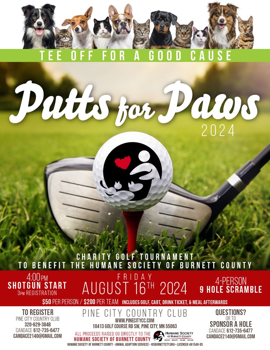puttsandmutts's tweet photo. Good morning! I will be on @wcmpradio tomorrow morning at 9:30 to talk about my Putts for Paws golf tourney to benefit the Humane Society of Burnett County. If you’d like more info please see details on flyer below, thank you! 🐾🐶⛳️🐈#PuttsForPaws https://t.co/CGNbM0B3Ck