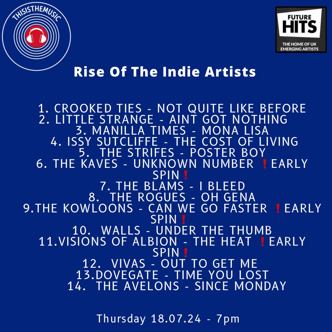 ThisIsTheMusic_ (@thisisthemusic2) on Twitter photo This weeks Rise Of The Indie Artists line up revealed!!
<a href="/Crooked_Ties/">Crooked Ties</a> <a href="/lttlstrangeband/">Little Strange</a> <a href="/ManillaTimes/">Manilla Times</a> <a href="/IssySutcliffex/">Issy Sutcliffe</a> <a href="/Thestrifes_/">The Strifes</a> <a href="/thekaves_/">The Kaves</a> <a href="/theblamsband/">The Blams</a> <a href="/TheRogues__/">The Rogues</a> <a href="/thekowloons/">The Kowloons</a> Walls <a href="/VisionsofAlbion/">Visions of Albion</a> <a href="/VivasBandUK/">VIVAS</a> <a href="/Dovegate_music/">Dovegate</a> <a href="/TheAvelons/">The Avelons</a>
#radio #NewMusic2024 This weeks Rise Of The Indie Artists line up revealed!!
<a href="/Crooked_Ties/">Crooked Ties</a> <a href="/lttlstrangeband/">Little Strange</a> <a href="/ManillaTimes/">Manilla Times</a> <a href="/IssySutcliffex/">Issy Sutcliffe</a> <a href="/Thestrifes_/">The Strifes</a> <a href="/thekaves_/">The Kaves</a> <a href="/theblamsband/">The Blams</a> <a href="/TheRogues__/">The Rogues</a> <a href="/thekowloons/">The Kowloons</a> Walls <a href="/VisionsofAlbion/">Visions of Albion</a> <a href="/VivasBandUK/">VIVAS</a> <a href="/Dovegate_music/">Dovegate</a> <a href="/TheAvelons/">The Avelons</a>
#radio #NewMusic2024