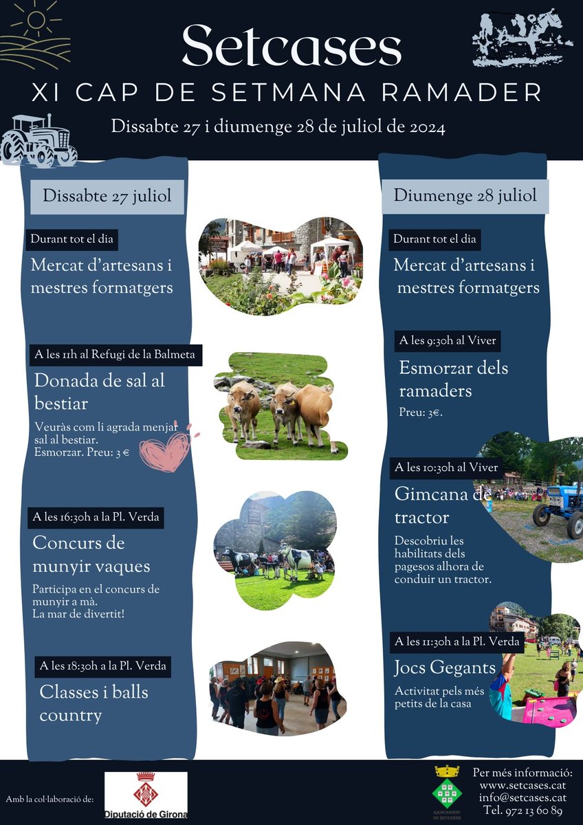 El cap de setmana del 27 i 28 de juliol, tornarem a celebrar l'XI Cap de Setmana Ramader.
On volem donar a conèixer la donada de sal al bestiar, una pràctica habitual entre tots els ramaders d’alta muntanya.  També trobareu un munt d'activitats més! 
setcases.cat