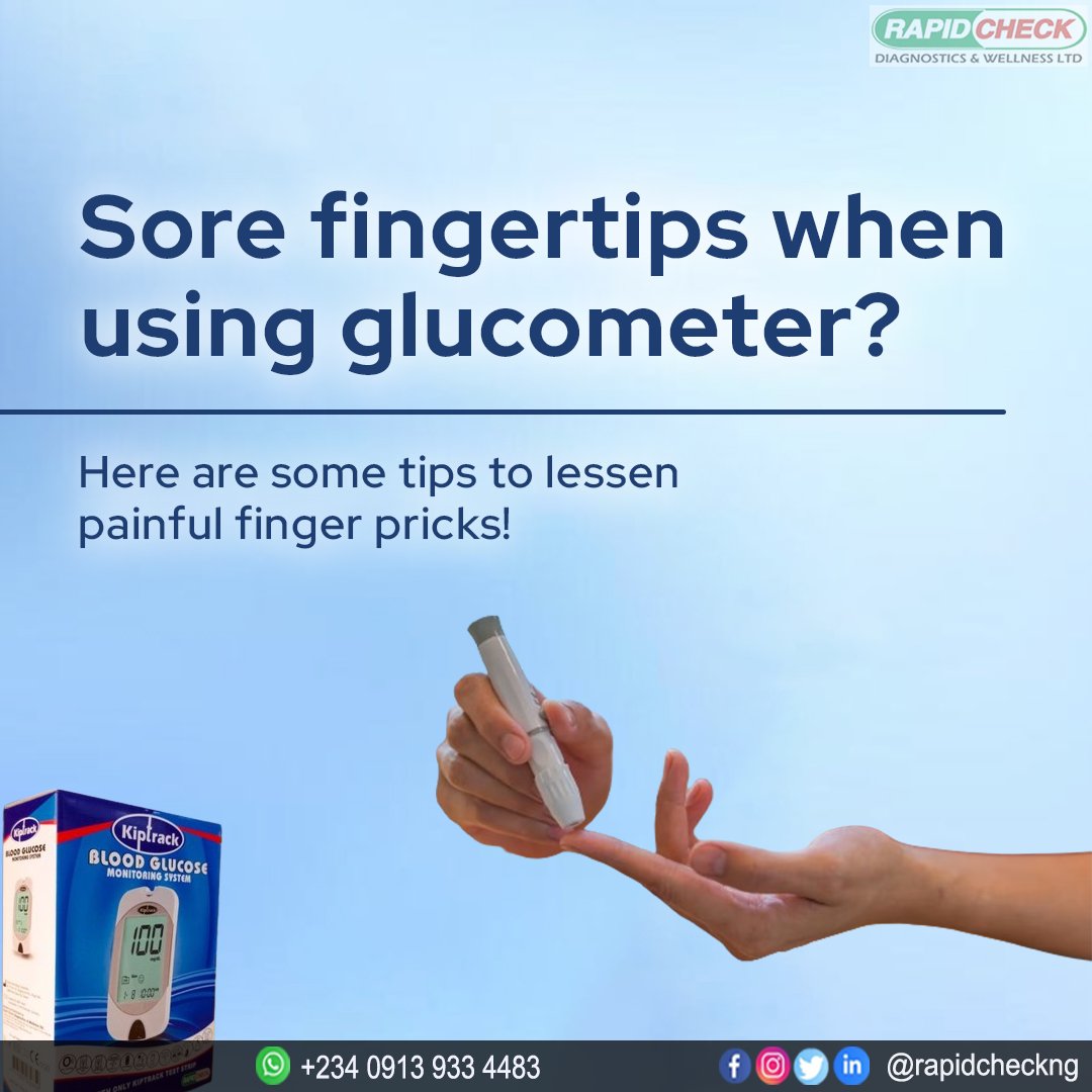 rapidcheckng1's tweet photo. Regular blood sugar testing can wear out your fingers, making them painful and prone to calluses. Here are some tips that might help you test more comfortably without getting sore fingertips!

#fingertip #diabetes #diabetesawareness #rapidcheckng #bloodsugar #bloodsugarmonitor https://t.co/sFy6oTdRRK