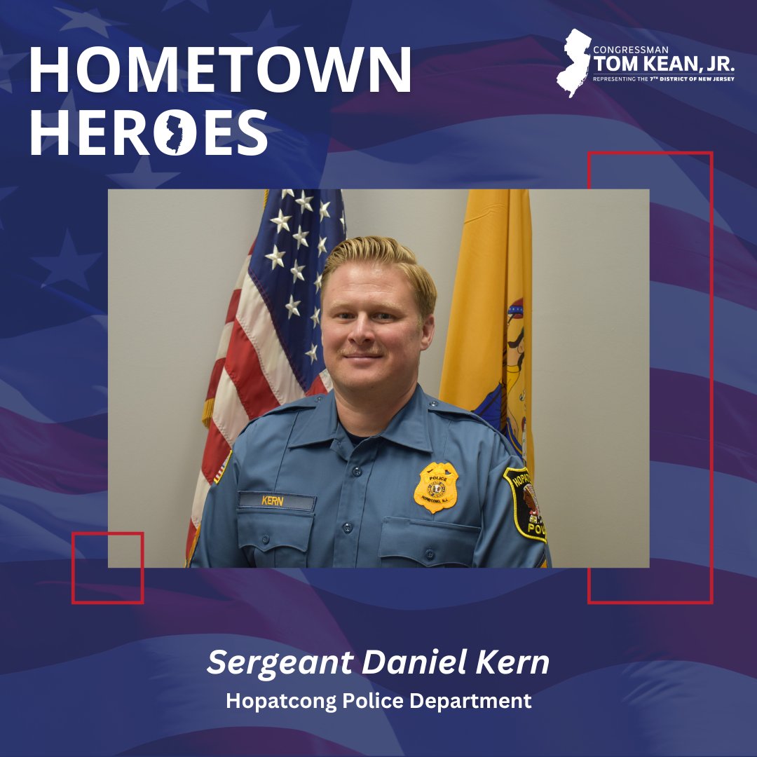 CongressmanKean's tweet photo. This week’s #NJ07 Law Enforcement Hometown Hero is Sergeant Daniel Kern of the Hopatcong Police Department.

Sgt. Kern was involved in two lifesaving incidents in the last two years. In 2022 Sgt. Kern assisted in removing a man from his submerged vehicle. He aided in CPR and AED to keep the patient alive until he was flown to the hospital. The second incident occurred in 2023 when Sgt. Kern helped remove a combative homeowner from a structural fire. Sgt. Kern shows up every day and goes above and beyond to help save lives. We extend our gratitude to Sgt. Kern for his hard work and dedication to keeping our community safe!