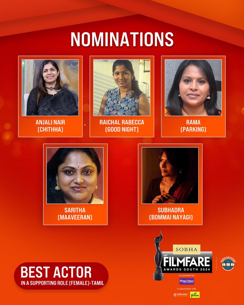 filmfare's tweet photo. Here are the nominations for the Best Actor In A Supporting Role (Female) category at the 69th SOBHA Filmfare Awards South 2024 With Kamar Film Factory.

#69thSobhaFilmfareAwardsSouth2024 https://t.co/dQZEdVdmVK