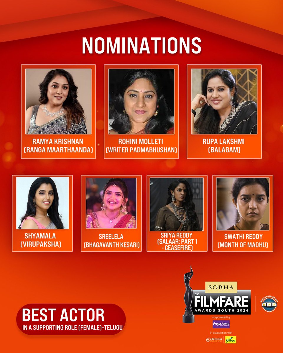 filmfare's tweet photo. Here are the nominations for the Best Actor In A Supporting Role (Female) category at the 69th SOBHA Filmfare Awards South 2024 With Kamar Film Factory.

#69thSobhaFilmfareAwardsSouth2024 https://t.co/dQZEdVdmVK
