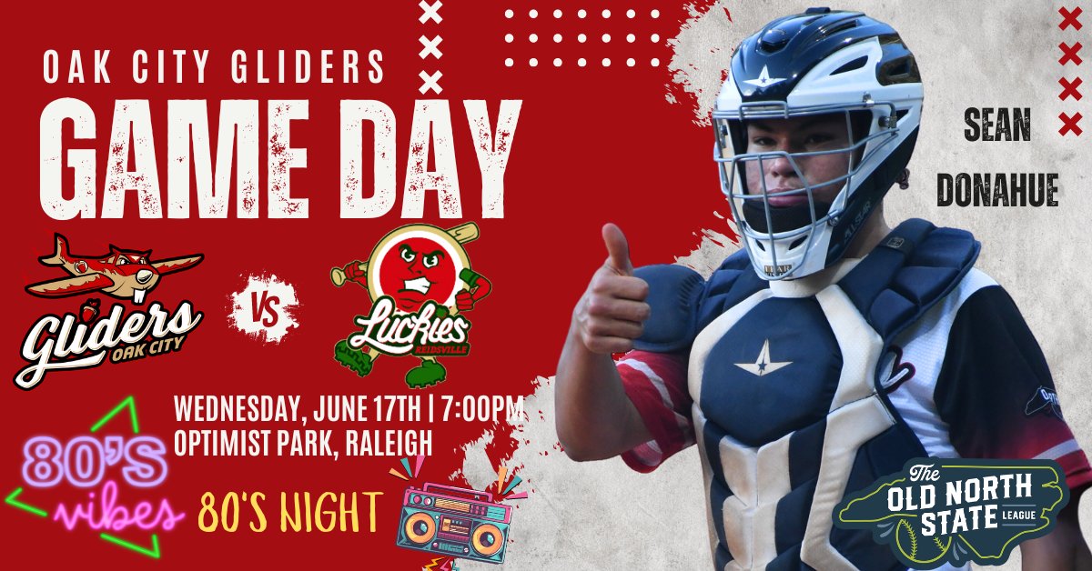 RaleighRedOaks's tweet photo. Looking for a midweek pick me up? Your Oak City Gliders will be playing the @LuckiesONSL at HOME! Game time starts @ 7:00pm. It is also 80's NIGHT - so pull out your neon glasses, wear your scrunchies or rock out your favorite band t-shirt. #letsglide #80snight @ONSLBaseball https://t.co/FipYY6vaQt