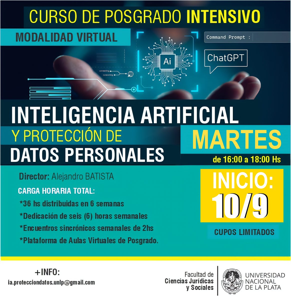 batista1088's tweet photo. #IA #ProteccionDatos Se viene la Segunda Edición del Curso de Posgrado en IA y Protección de Datos Personales en la Facultad de Ciencias Jurídicas y Sociales de la @unlp. Allí estaremos junto a @fedeand Pre-inscripción en el siguiente enlace: https://t.co/GaJLbOqJBY https://t.co/5kFiLC2g7F