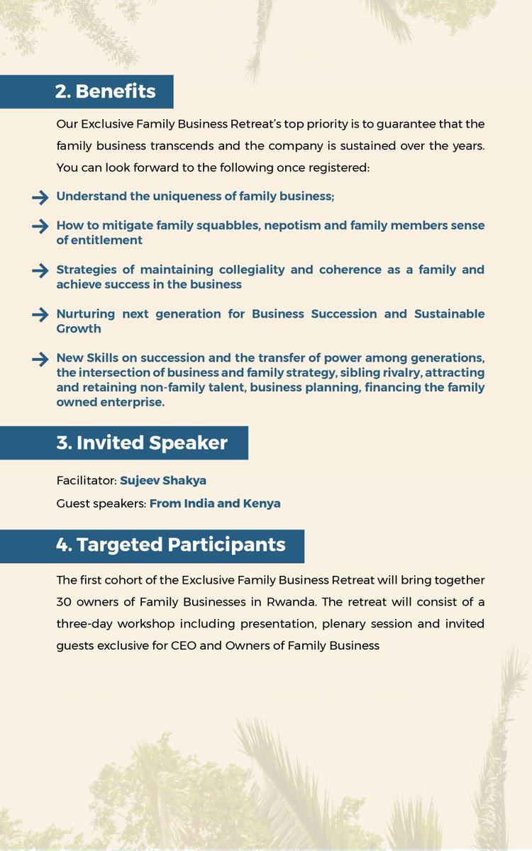 BusinessImanzi's tweet photo. 📢 Discover the Benefits of Our Exclusive Family Business Retreat!

🎯 Our retreat guarantees long-term success and sustainability for your family business. Join us!

📅 August 28-30, 2024 📍 Serena Beach Hotel

🔗 Register now: https://t.co/KwjHVO5c96 https://t.co/vuFOENuyPU