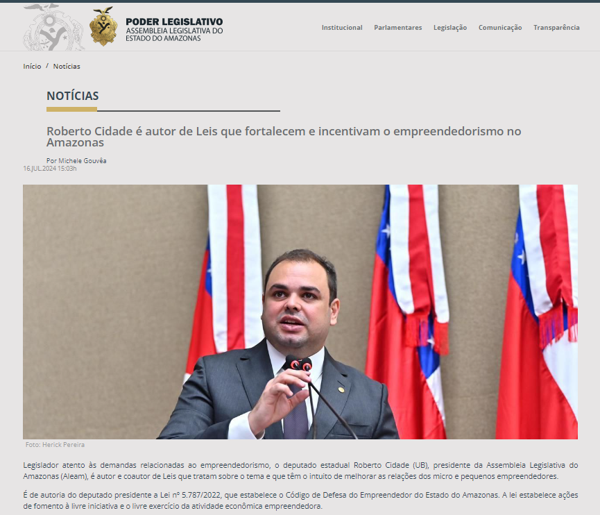 Essa manchete aqui, em um site público, é uma afronta à legislação que proíbe o uso de sites institucionais para propaganda eleitoral.

aleam.gov.br/roberto-cidade…