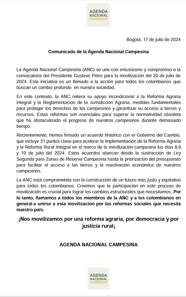 Convocamos a todos los miembros de <a href="/agendanacionalc/">Agenda Nacional Campesina</a>, campesinado y a todos los colombianos a unirse a la gran movilización, este 20 de julio, por una reforma agraria, por democracia y por justicia rural.”
<a href="/petrogustavo/">Gustavo Petro</a> <a href="/MinAgricultura/">Min. de Agricultura</a> <a href="/MinInterior/">MinInterior Colombia</a> <a href="/AgenciaTierras/">Agencia Nacional de Tierras</a>