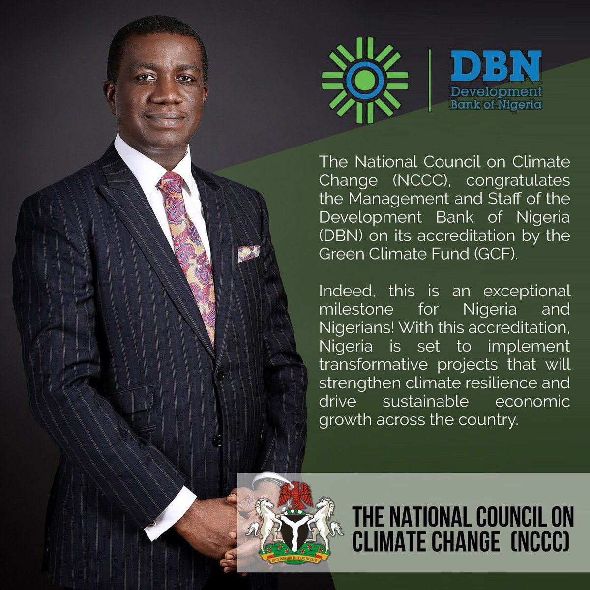 Climategovng's tweet image. Congratulations to the Development Bank of Nigeria, on your well-deserved accreditation by the Green Climate Fund (GCF), from all of us at NCCC.

Dr. Nkiruka Maduekwe
Director-General/CEO, NCCC
#ClimateAccountabilityTransparency (#CAT)
#NigerianGreenEconomy
#NCCC