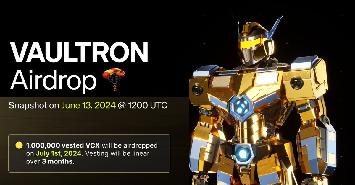 VaultCraft_Hub's tweet photo. The second Vaultron NFT VCX Airdrop has been distributed. 🚨

The second batch has been distributed for Airdrop (2/5): 15th July 2024 
https://t.co/K2vrYIhTqZ

Mint the Vaultron NFT to qualify for future airdrops - https://t.co/ahtgWDHgdp https://t.co/pn1amxJJyK