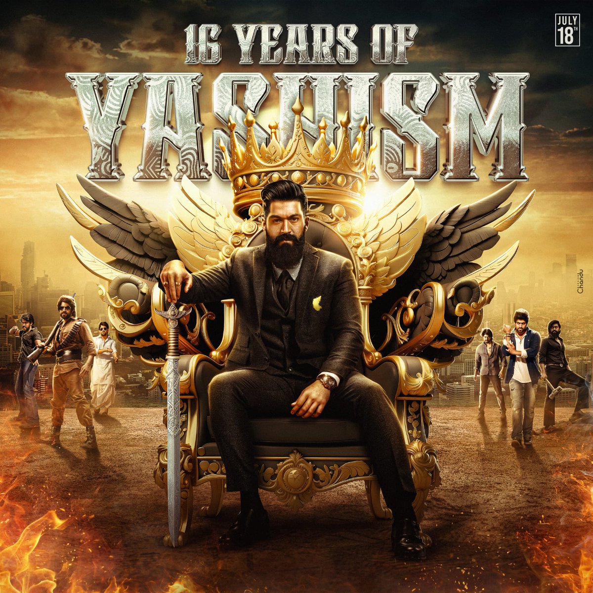 Shandadeep's tweet photo. Some Stories are written in pen and some in blood, but some are craved in the history which will remain forever🔥

Unveiling the CDP to celebrate the 16th anniversary of Rocking Star in Cinema Industry ❤️

" #16YearsofReignerYASH " 

@TheNameIsYash #YashBOSS #ToxicTheMovie https://t.co/N2jxa6bZwt