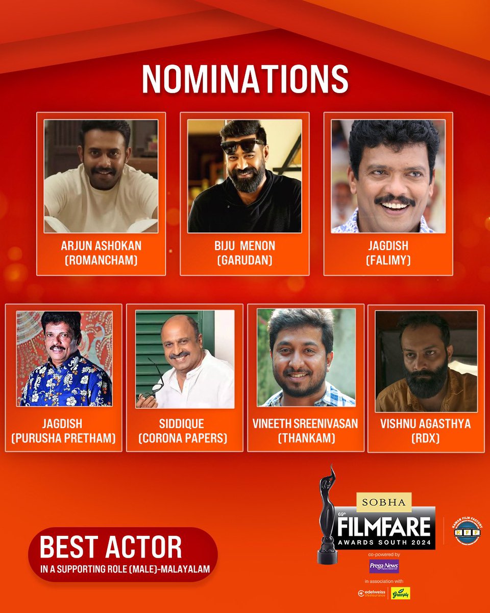 filmfare's tweet photo. Here are the nominations for the Best Actor In A Supporting Role (Male) category at the 69th SOBHA Filmfare Awards South 2024 With Kamar Film Factory.

#69thSobhaFilmfareAwardsSouth2024 https://t.co/p2O1t0UIBY