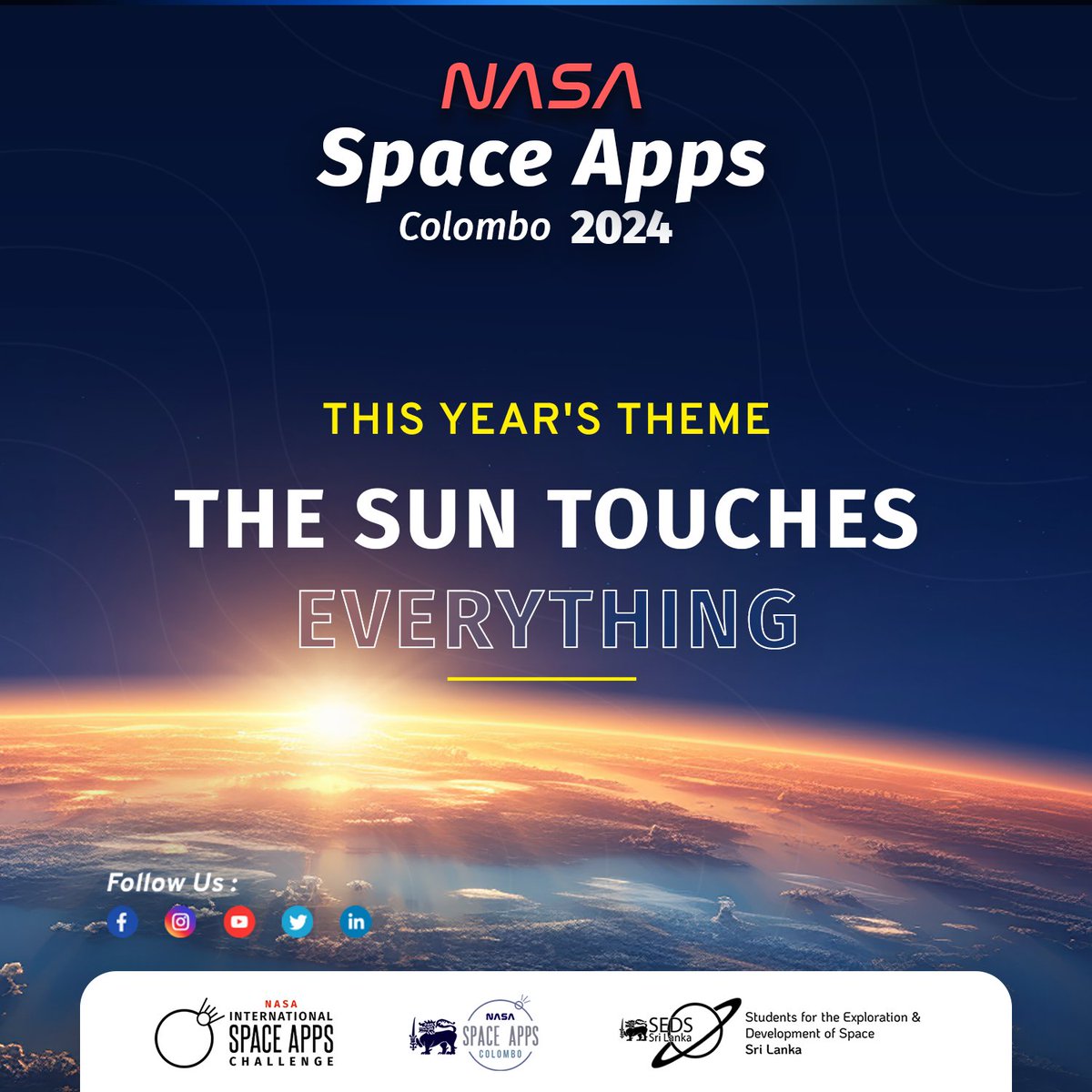 SpaceAppsLK's tweet image. Announcing the Theme for NASA Space Apps Challange 2024

“The Sun Touches Everything” 

This theme highlights the sun&apos;s interconnectedness and how its presence reaches every community around the globe 🌎

#SpaceAppsColombo2024 #TheSunTouchesEverything #NASAChallenge