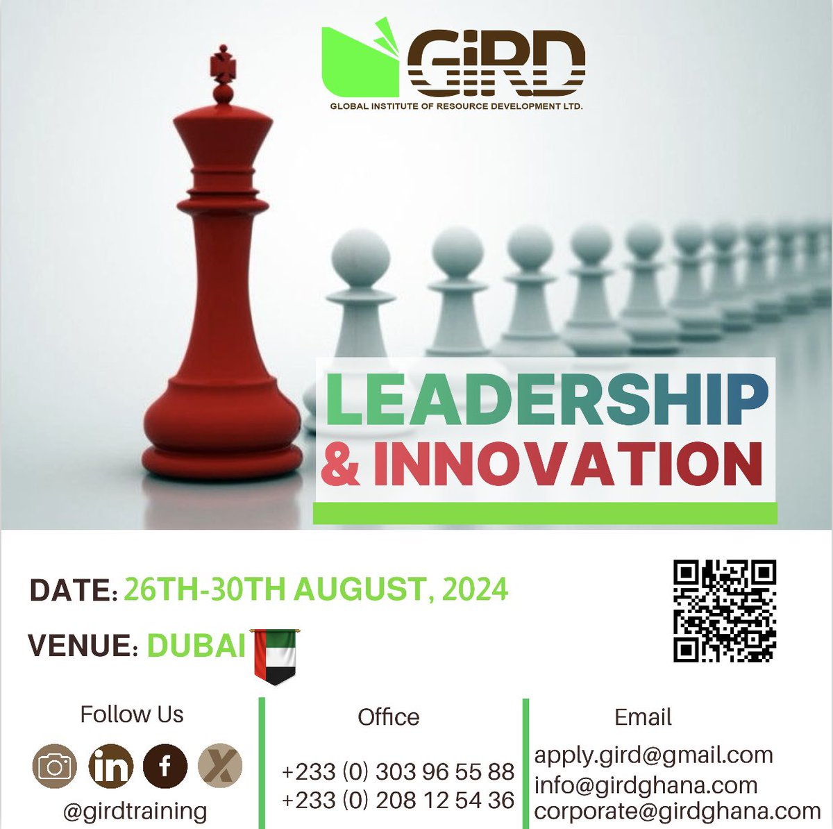 girdtraining's tweet photo. Seeking an opportunity to transform your leadership approach and ignite innovation within your team? Join GiRD for our upcoming training program on ‘ Leadership And Innovation “ from 26th to 30th August, 2024 in Dubai. 

To Sign Up 
↪️  https://t.co/9lKyhziEie https://t.co/pkhZRT3Dwg