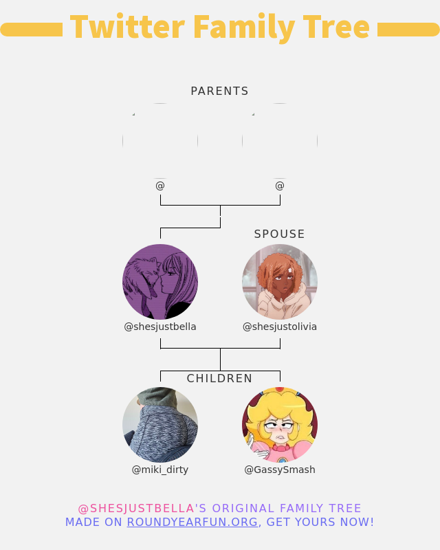 👨‍👩‍👧‍👦 My Twitter Family:
👫 Parents: @ @
👰 Spouse: <a href="/shesjustolivia/">𝕚𝕥𝕤𝕛𝕦𝕤𝕥𝕠𝕝𝕚𝕧𝕚𝕒</a>
👶 Children: <a href="/miki_dirty/">Miki, Butt Kinky ❗️🔞❗️</a> @GassySmash

➡️ infinityweet.me/family-tree