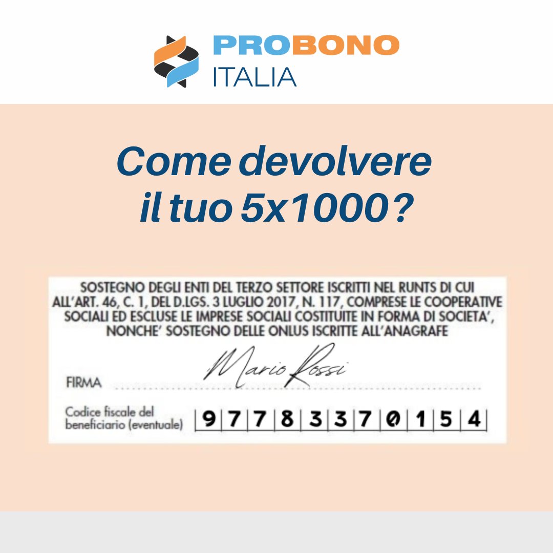 💡Sapevi che destinare il Tuo #5x1000 a <a href="/ProBonoItalia/">Pro Bono Italia ETS</a> non comporta alcun costo aggiuntivo?

Se non hai ancora presentato la Tua dichiarazione dei redditi, sei ancora in tempo a farlo! 

👉 Pro Bono Italia ETS: 𝗰𝗼𝗱𝗶𝗰𝗲 𝗳𝗶𝘀𝗰𝗮𝗹𝗲 𝟵𝟳𝟳𝟴𝟯𝟯𝟳𝟬𝟭𝟱𝟰
