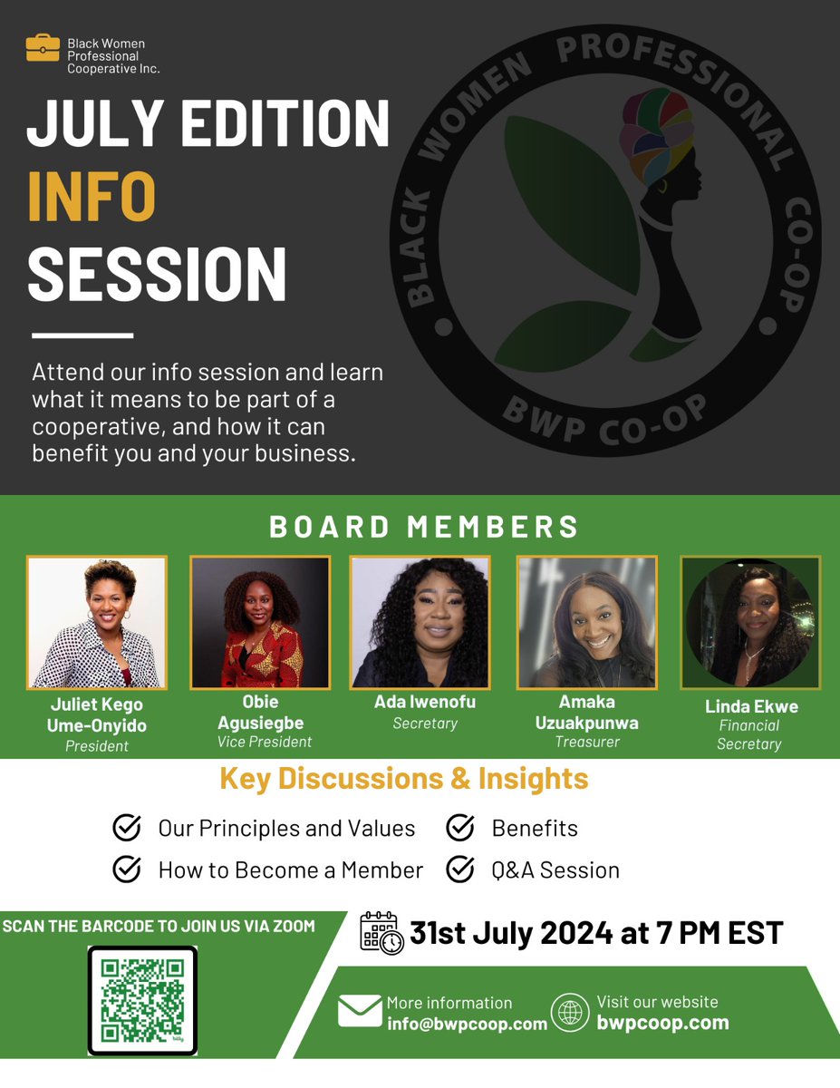 bwpcoop's tweet photo. Monthly Info Session  - JULY EDITION! #BWPCoop #July31 #BlackWomenProfessionalCoop 

Our Info sessions are held on the last Wednesday of every Month at 7 pm EST.

Scan the QR code below to register. https://t.co/tZGMsvBHSa