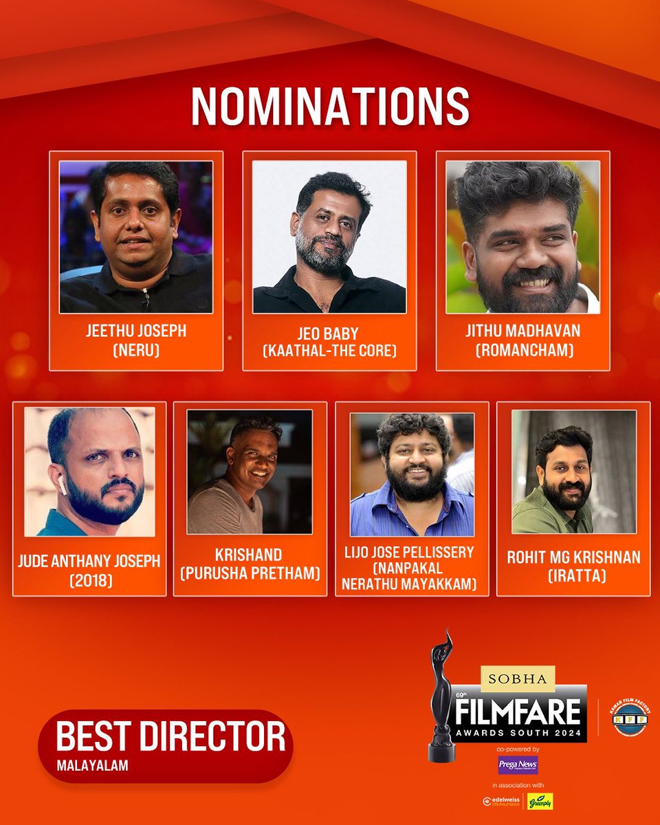 filmfare's tweet photo. Here are the nominations for the Best Director category at the 69th SOBHA Filmfare Awards South 2024 With Kamar Film Factory.

#69thSobhaFilmfareAwardsSouth2024 https://t.co/byOosGjpdS