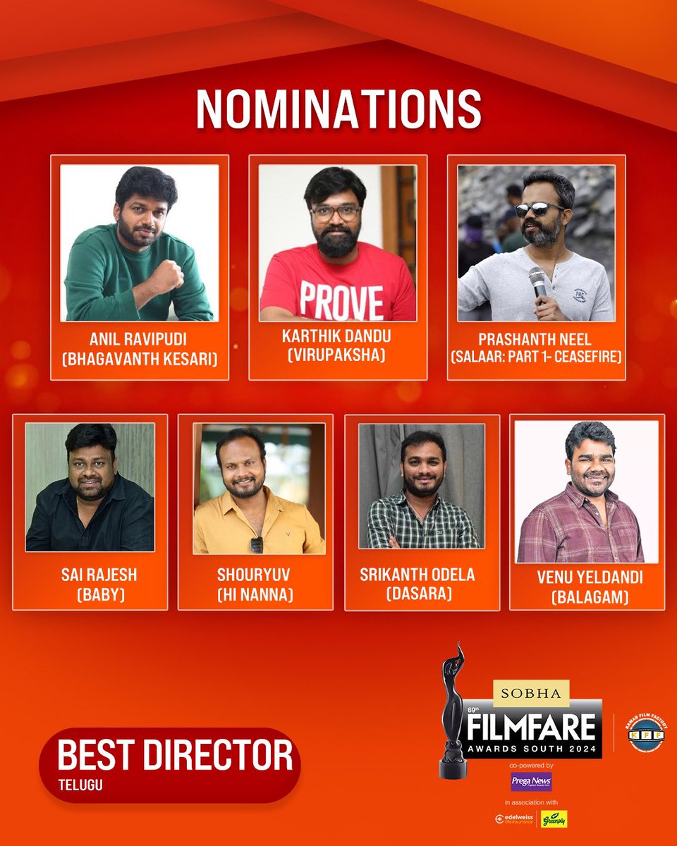 filmfare's tweet photo. Here are the nominations for the Best Director category at the 69th SOBHA Filmfare Awards South 2024 With Kamar Film Factory.

#69thSobhaFilmfareAwardsSouth2024 https://t.co/byOosGjpdS