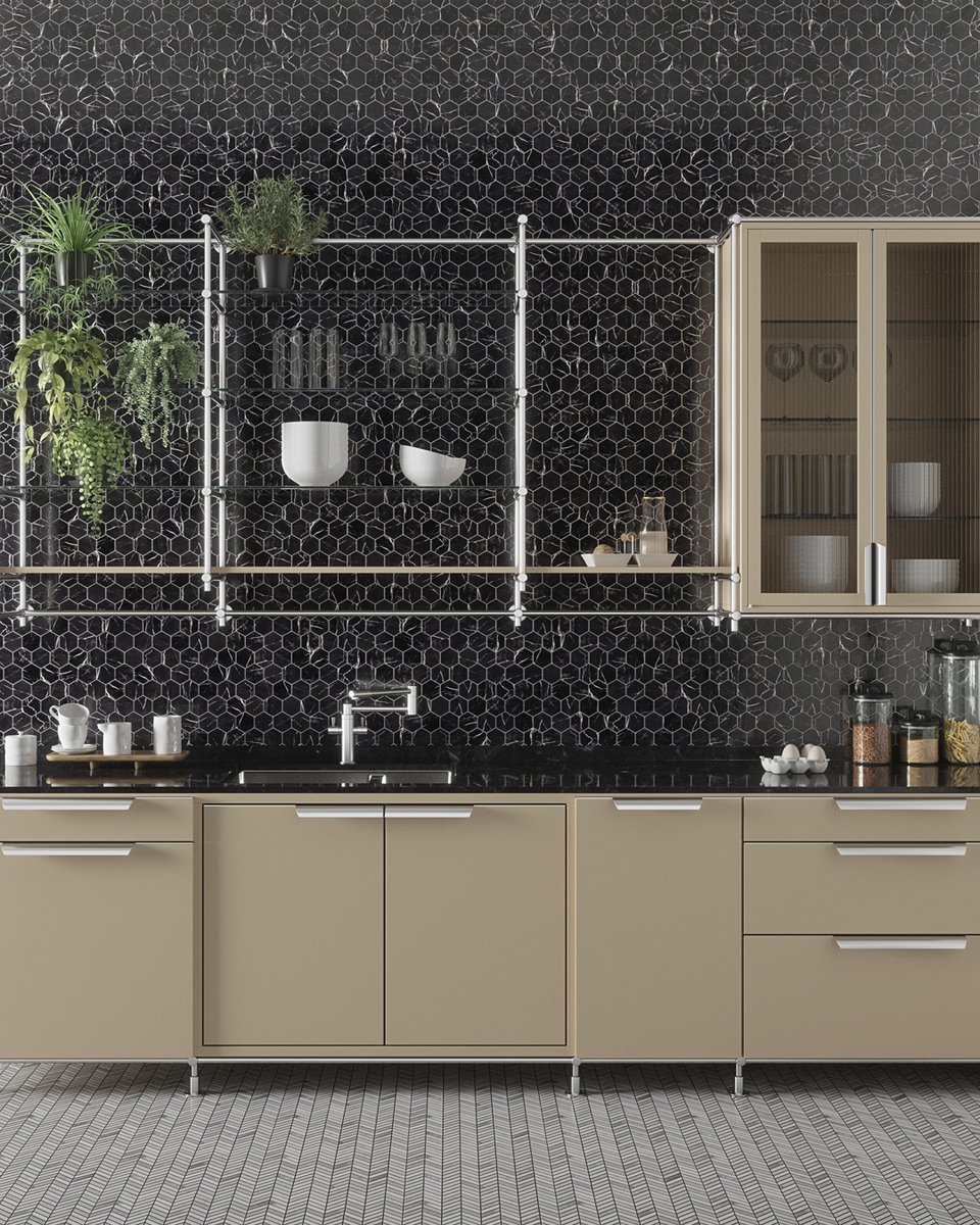 Obsessed with that classic stone look? Meet the Hollow 2" Hexagon Mosaic! This easy-care glass tile gives you a stunning black marble vibe with white veining and a glossy finish. Perfect for adding a touch of dimension to your space!

#JeffreyCourtHD #DIYTogether #TileGoals