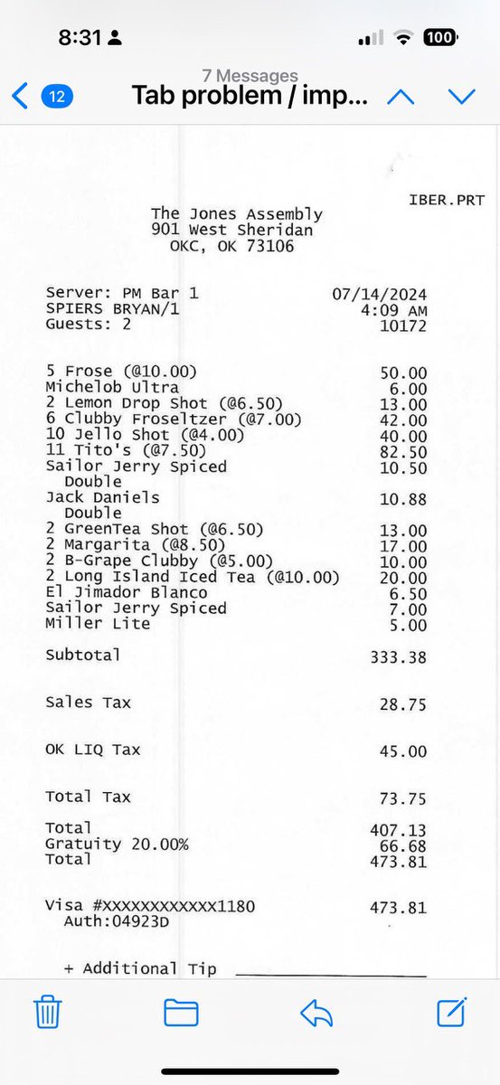 JennSpiers's tweet photo. @theJonesOKC this is the tab for my one Frose’ at the Jones.  Do not give your credit card for an open tab.  They will put everyone’s drink on it and then blame you for leaving the tab open.  Unbelievable. https://t.co/YnyTYPfTN7